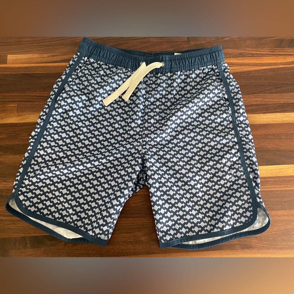 Fair Harbor Blue and White Swim Trunks with Geometric Pattern